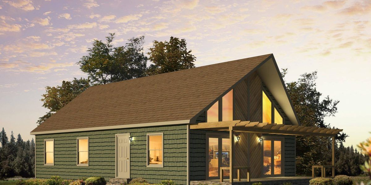 A green house with a brown roof and a porch