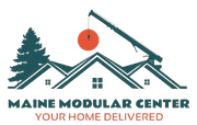 Maine Modular Center logo with house roof, pine tree, crane lifting orange module, and “Your Home Delivered” text