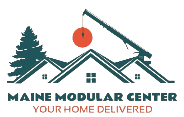 Maine Modular Center logo with house roof, pine tree, crane lifting orange module, and &ldquo;Your Home Delivered&rdquo; text
