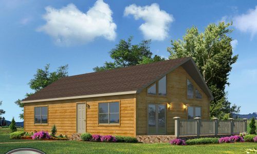 A wooden house with a brown roof is sitting in the middle of a lush green field.