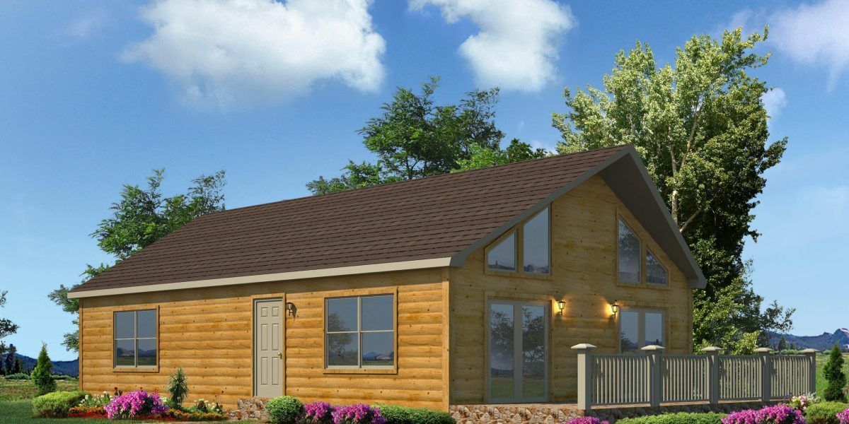 Brown wooden house with a sloped roof, porch, and surrounding greenery under a blue sky