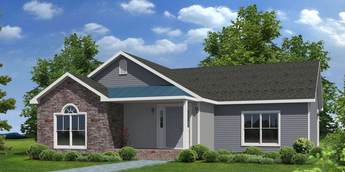 An artist 's impression of a small house with a brick facade and a black roof.
