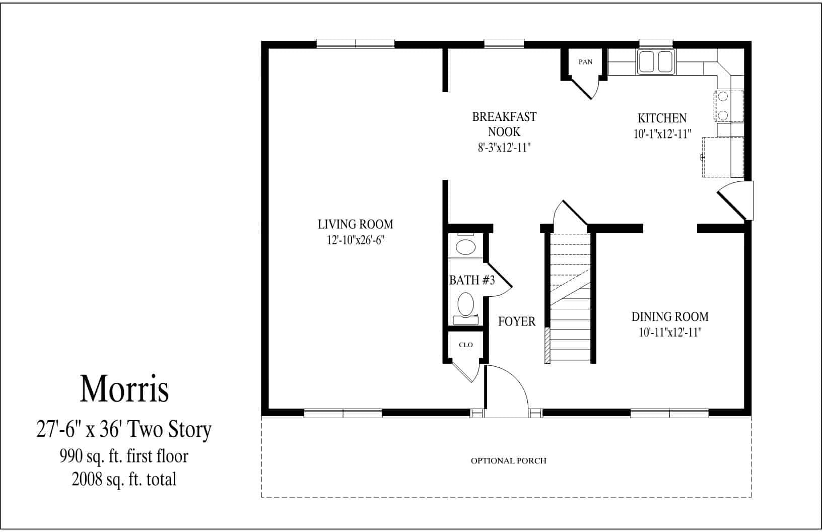 Two-story home floor plan sketch with labeled rooms, stairs, and front porch layout