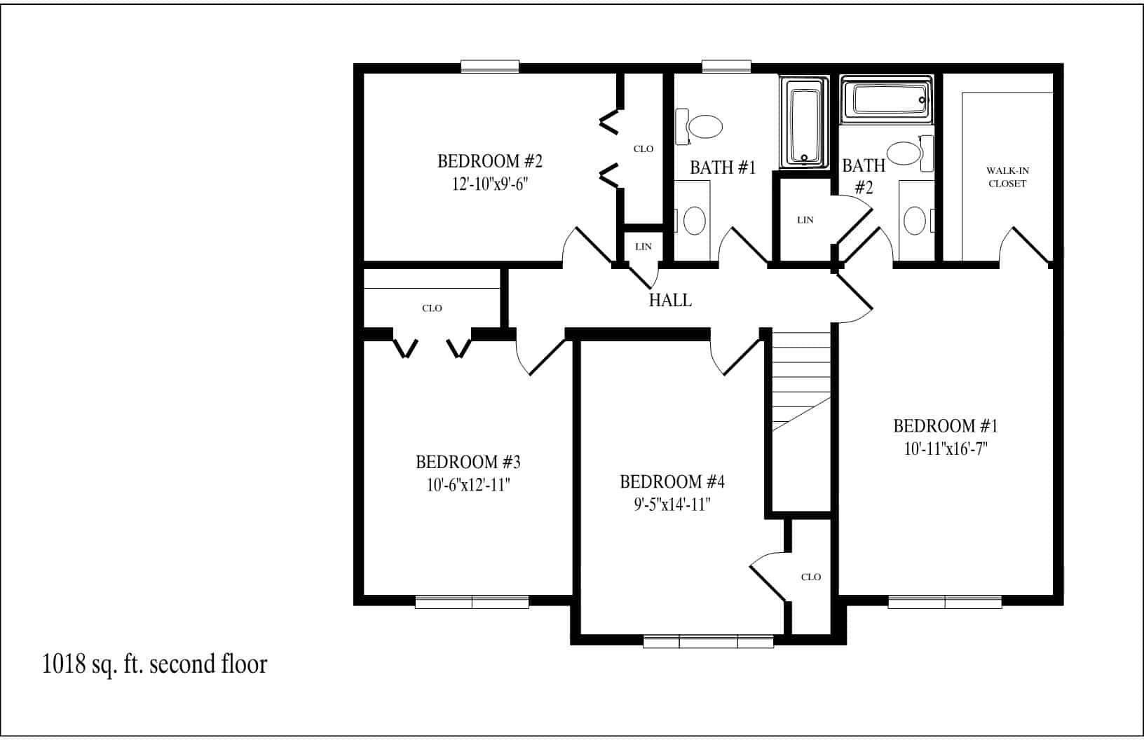 Black-and-white floor plan of a home with labeled rooms, hall, baths, closets, and stairs.