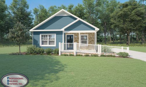 A blue house with a white porch and trees in the background