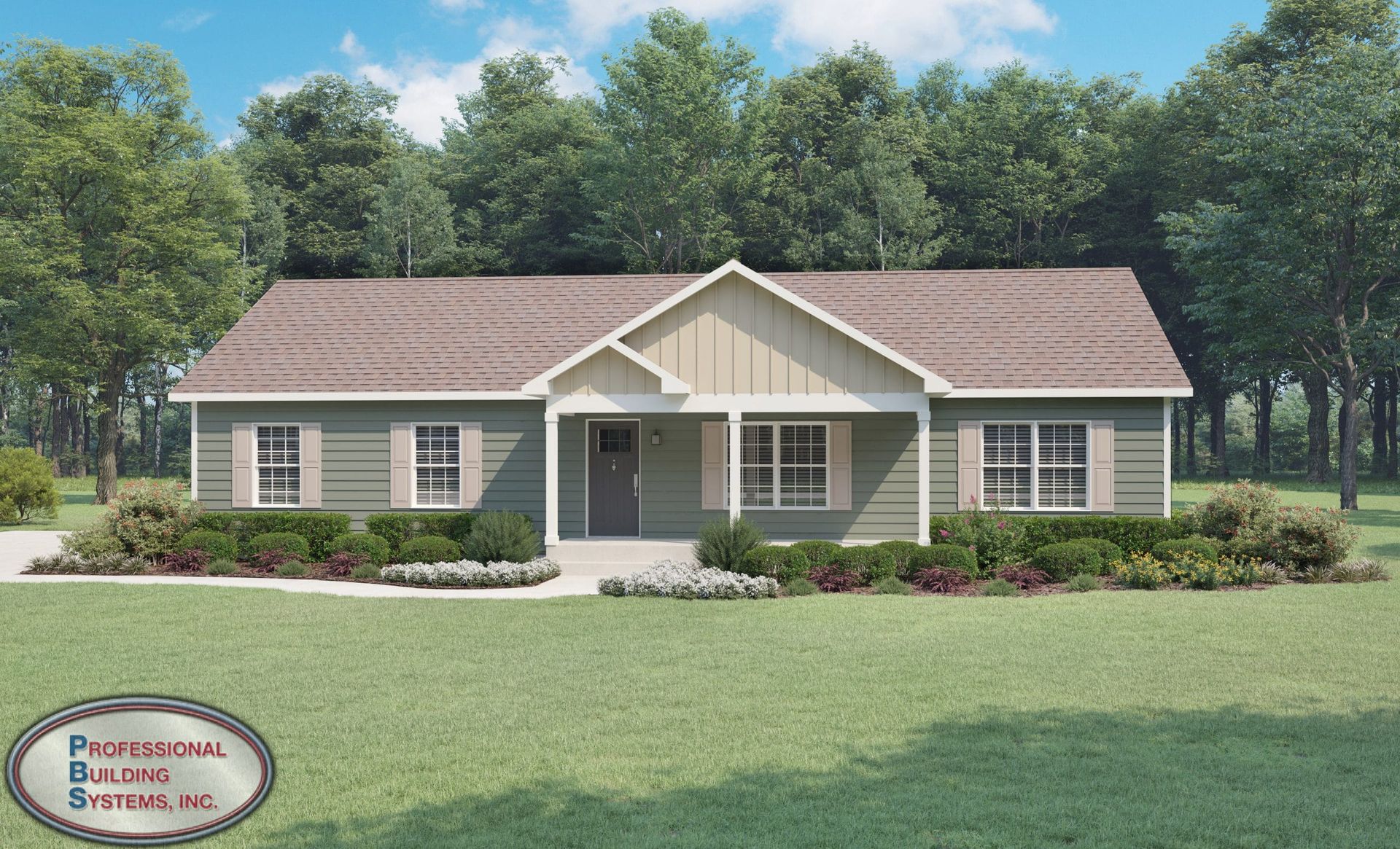 A house with a brown roof is surrounded by trees and grass