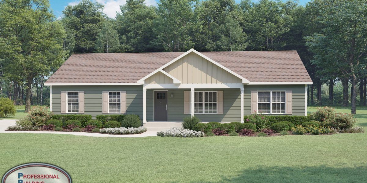 A house with a brown roof is sitting on top of a lush green field.