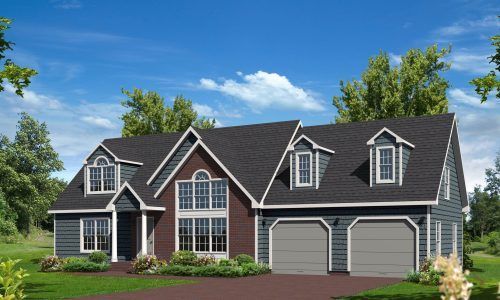 Large two-story suburban house with dark gray siding, white trim, and a three-car garage under a blue sky.