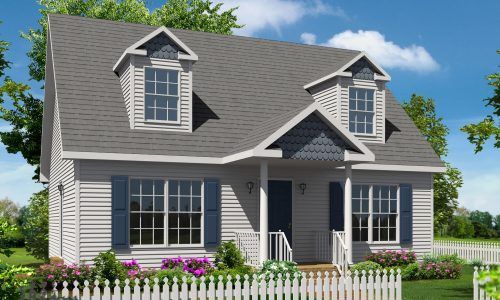 White two-story house with gray roof, dormer windows, front porch, and white picket fence amid flowers