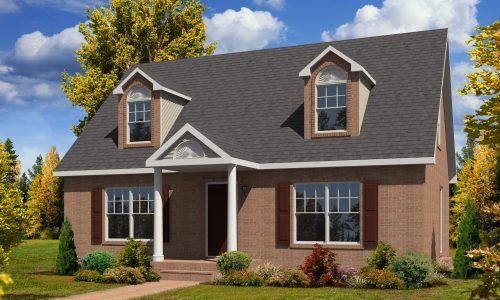 Brick suburban house with dark roof, dormer windows, and a front porch, surrounded by trees and shrubs