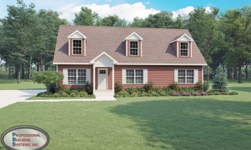 Two-story brick house with white trim, dormer windows, and a large green lawn under a blue sky