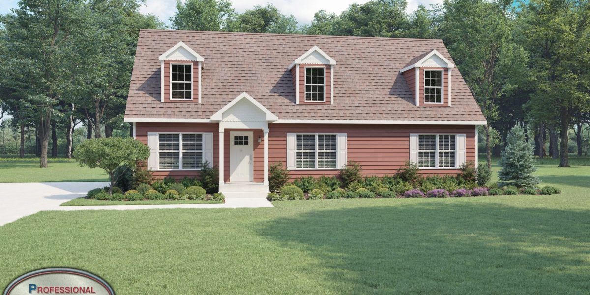A red house with a brown roof and white shutters is sitting on top of a lush green lawn.