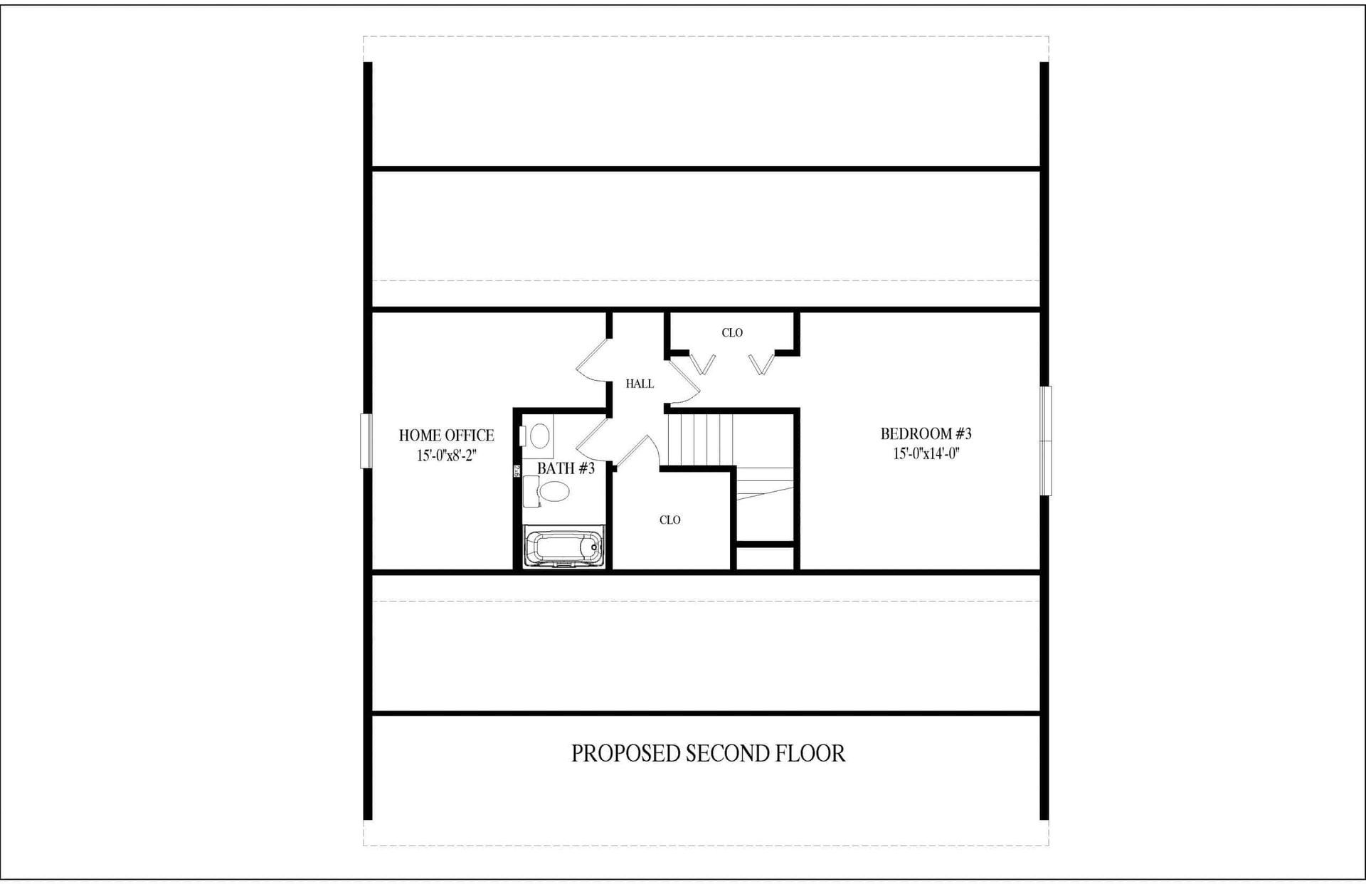 Black-and-white architectural floor plan with labeled rooms and central staircase.