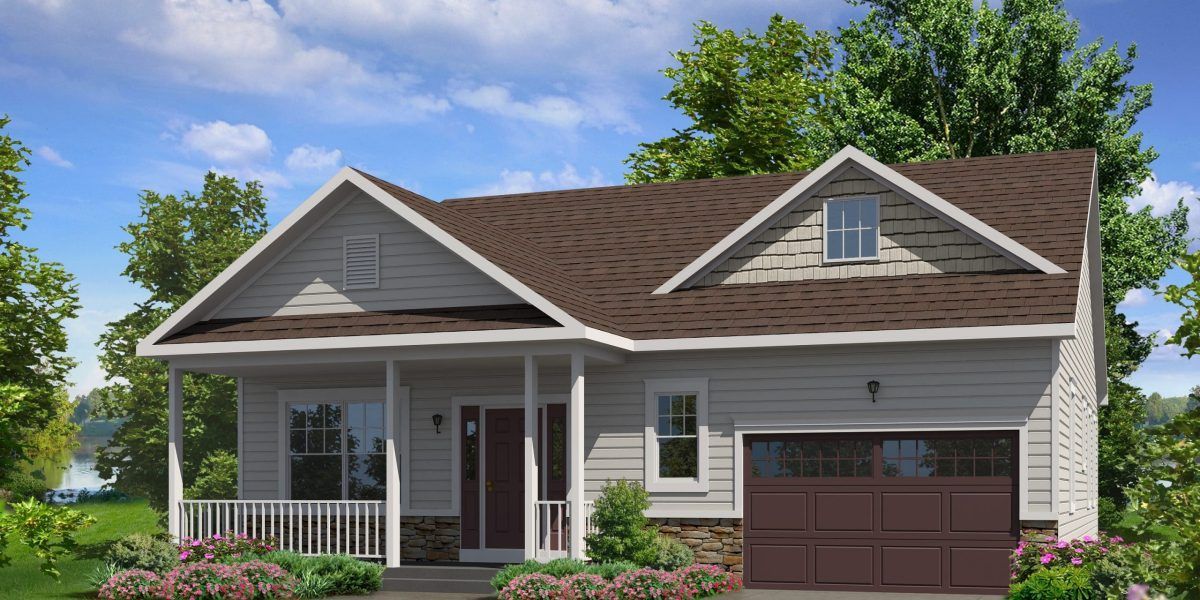 Suburban house with gray siding, brown roof, front porch, and a two-car garage under a blue sky