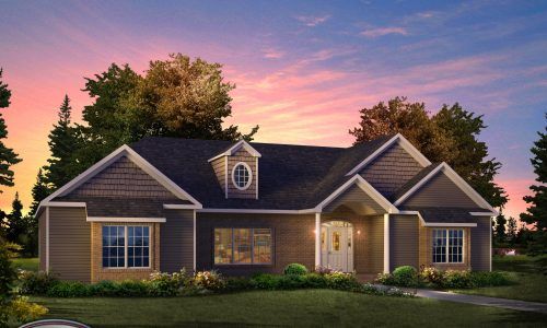 Single-story suburban house at sunset with a glowing porch and pink sky
