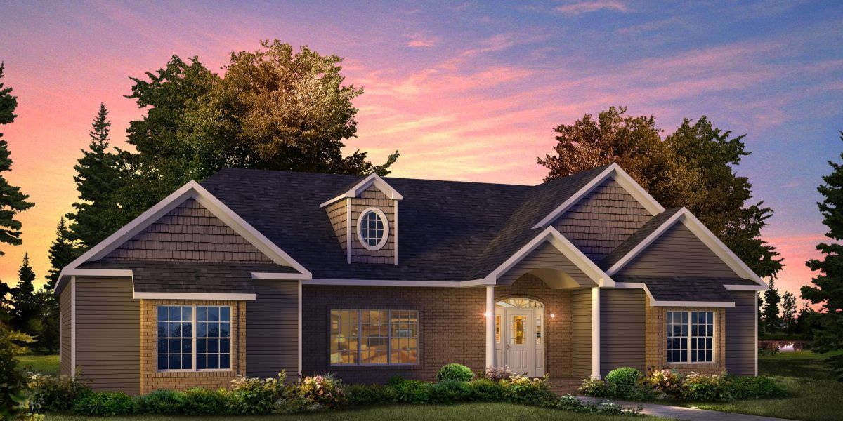 Suburban house at sunset with warm lights, dark roof, and landscaped front yard