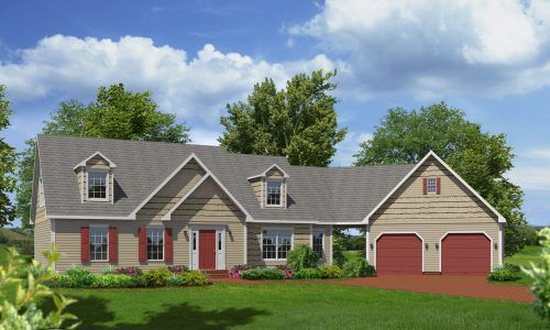 Suburban house with gray siding, red shutters and garage, set in a green lawn under a cloudy blue sky
