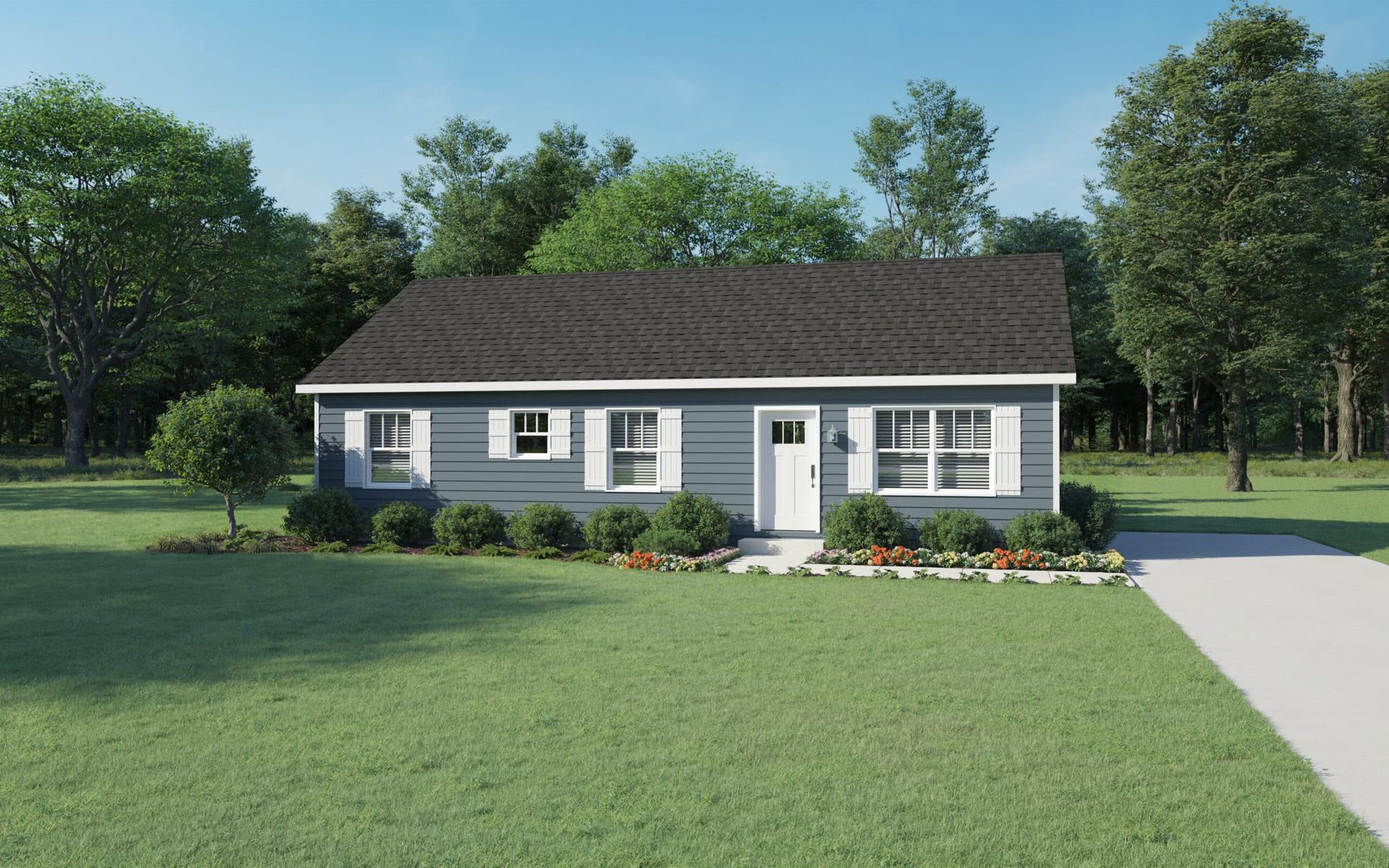 A rendering of a house with a black roof