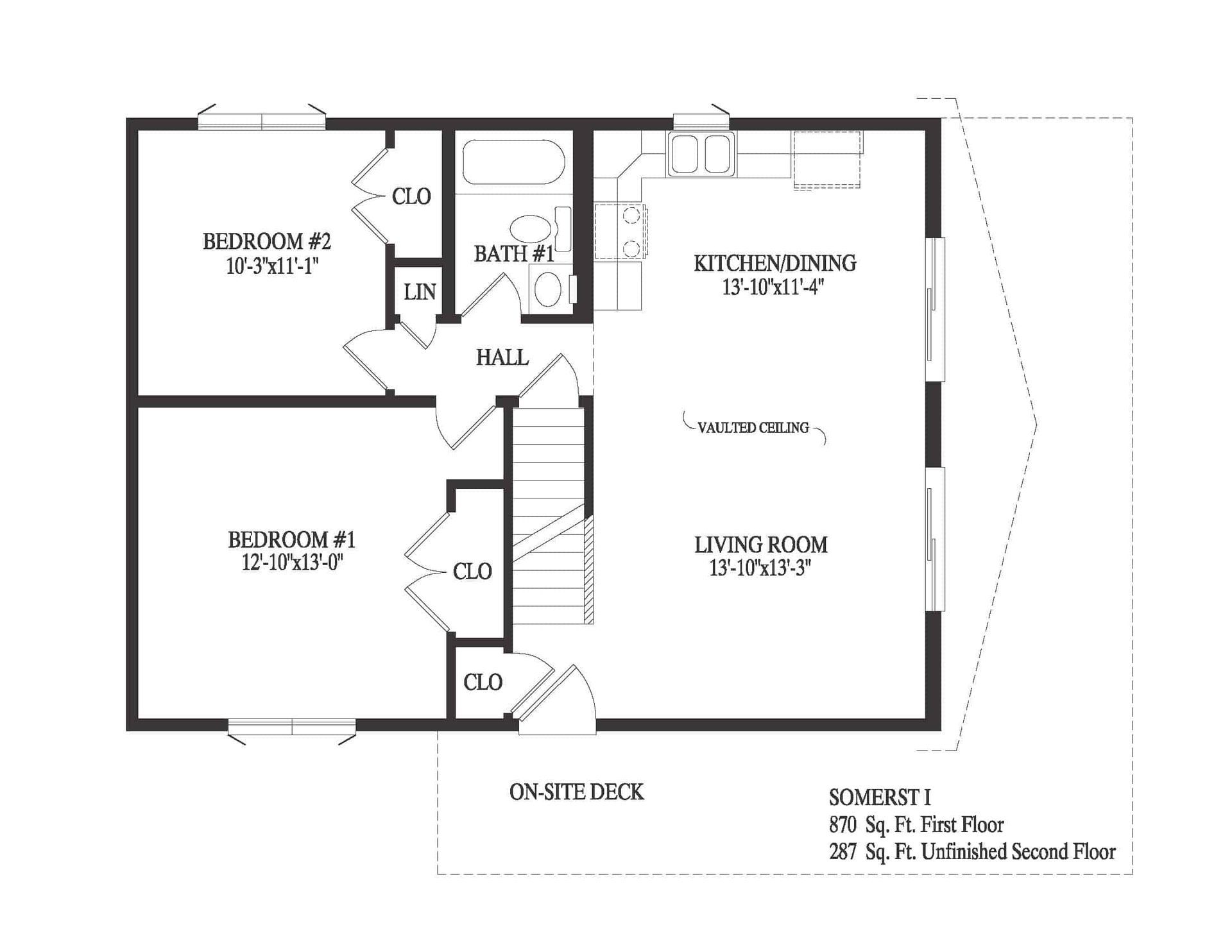 Black-and-white floor plan of a small two-bedroom, one-bath apartment with hall, kitchen, living room, and deck.