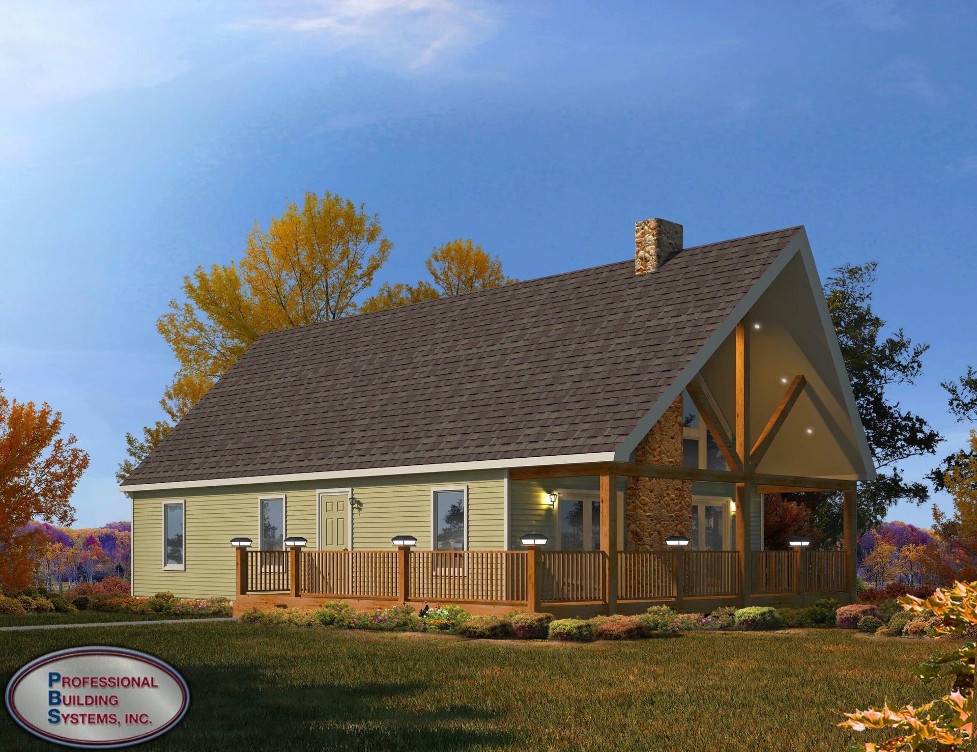Modern beige house with brown roof, porch lights, and landscaped yard at dusk