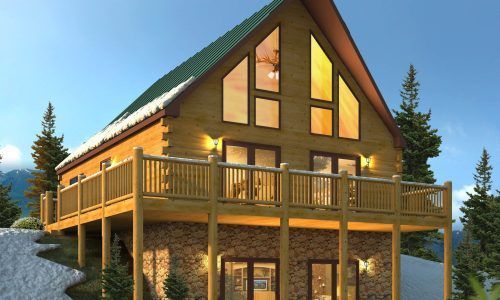 A large log cabin with a green roof and a large deck.
