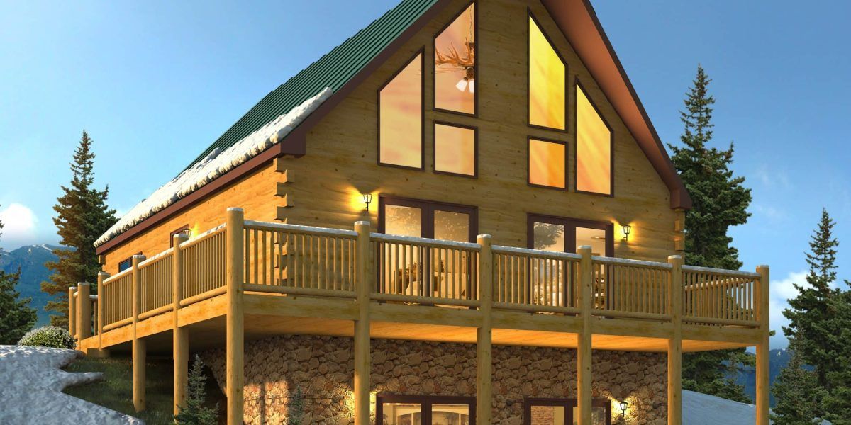 Modern wooden chalet with large windows and wraparound deck at sunset