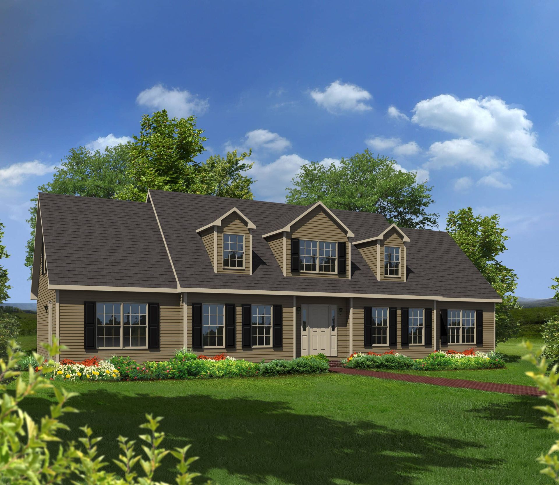 Suburban house with dark roof, dormer windows, and a green lawn under a blue sky with clouds