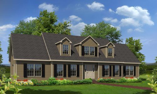 Two-story beige house with dark roof, dormer windows, and a manicured green lawn under a blue sky