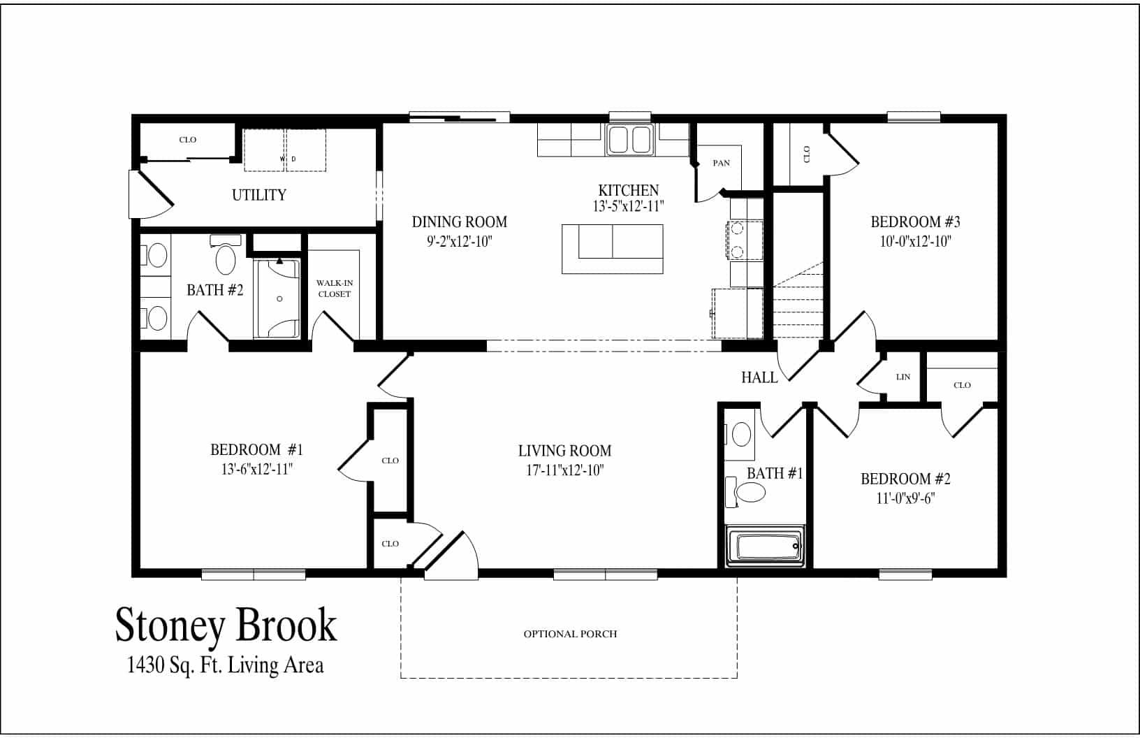 Floor plan of a Stoney Brook apartment with kitchen, living room, bedroom, bath, and balcony.