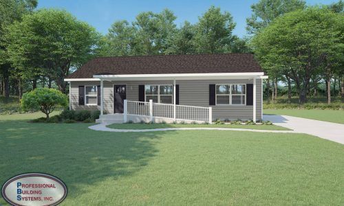 Single-story gray house with a front porch, white railing, and green lawn under trees.