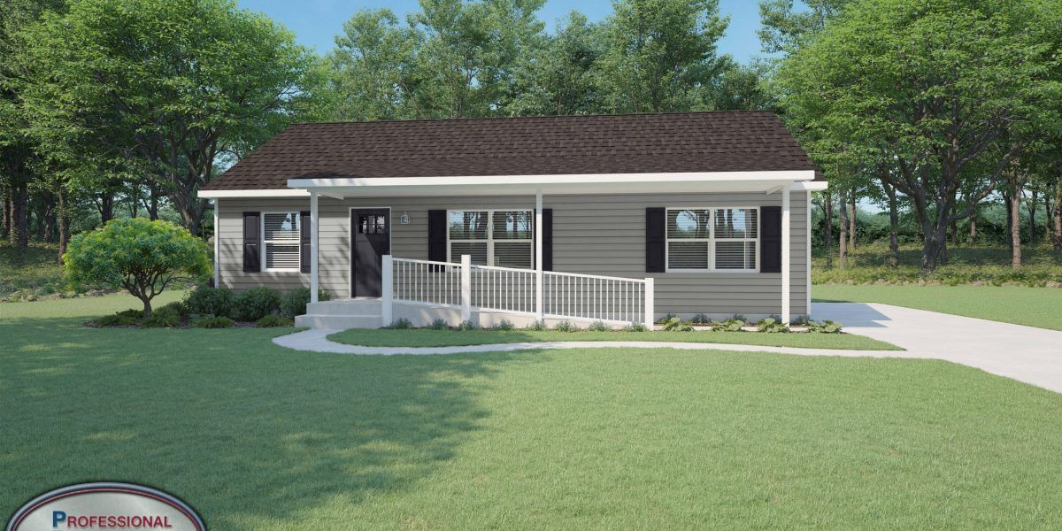 An artist 's impression of a house with a porch and trees in the background.