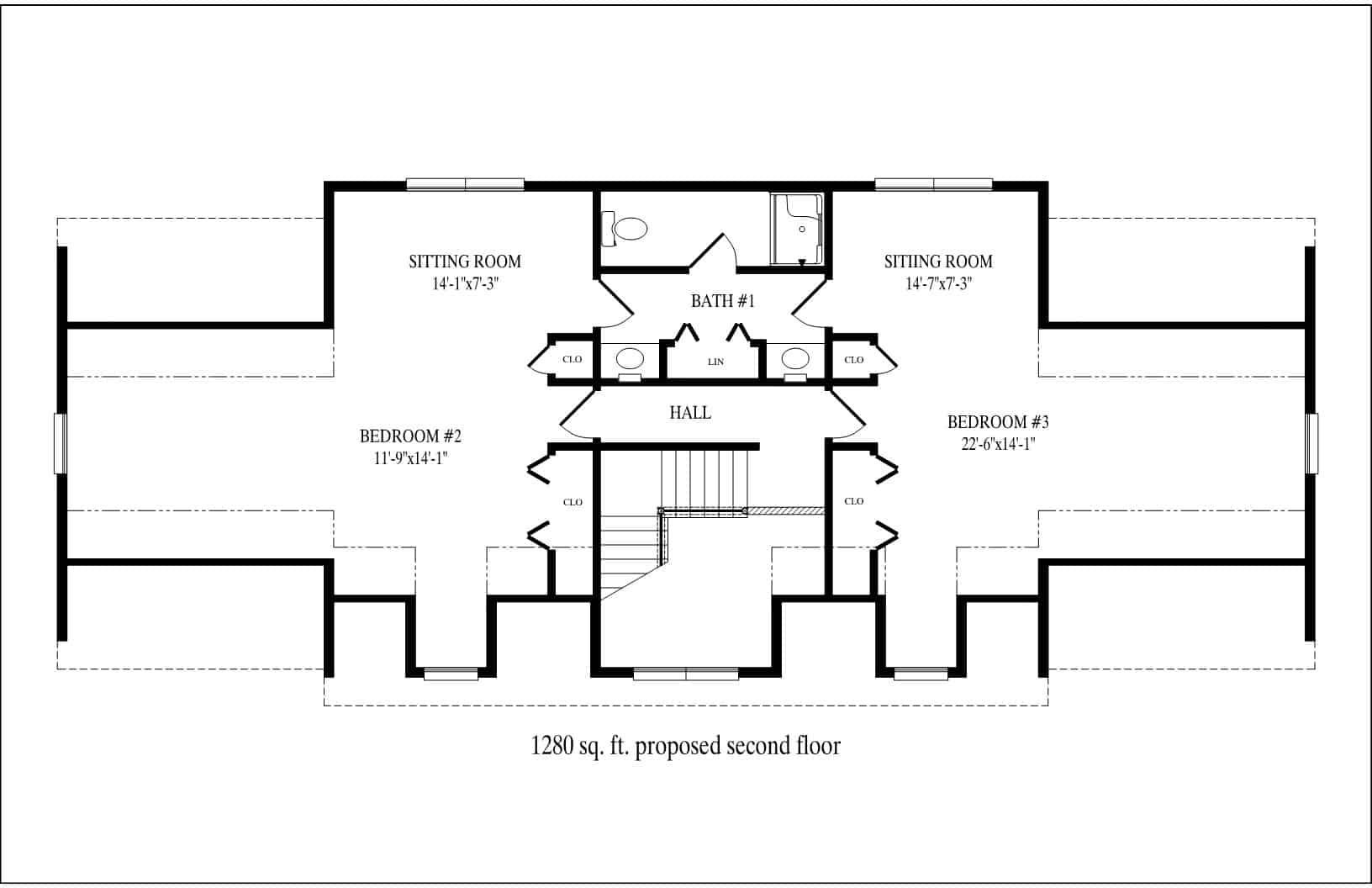 Floor plan of a two-story residential layout with central stairs, rooms, and bathrooms labeled.