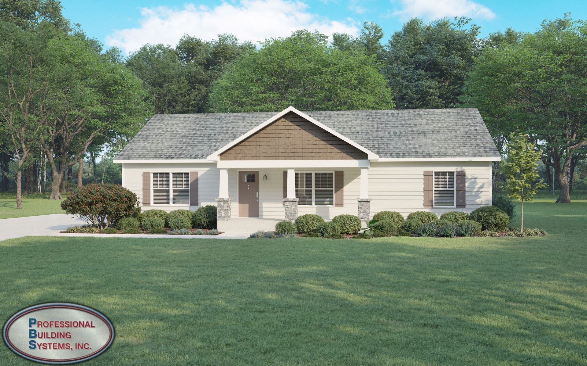 Single-story white house with gray roof and front porch, surrounded by lawn and trees.