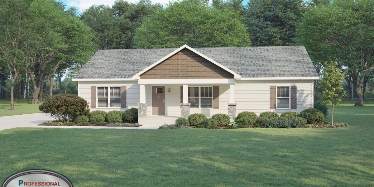 Single-story beige house with gray roof, white columns, and a large green lawn