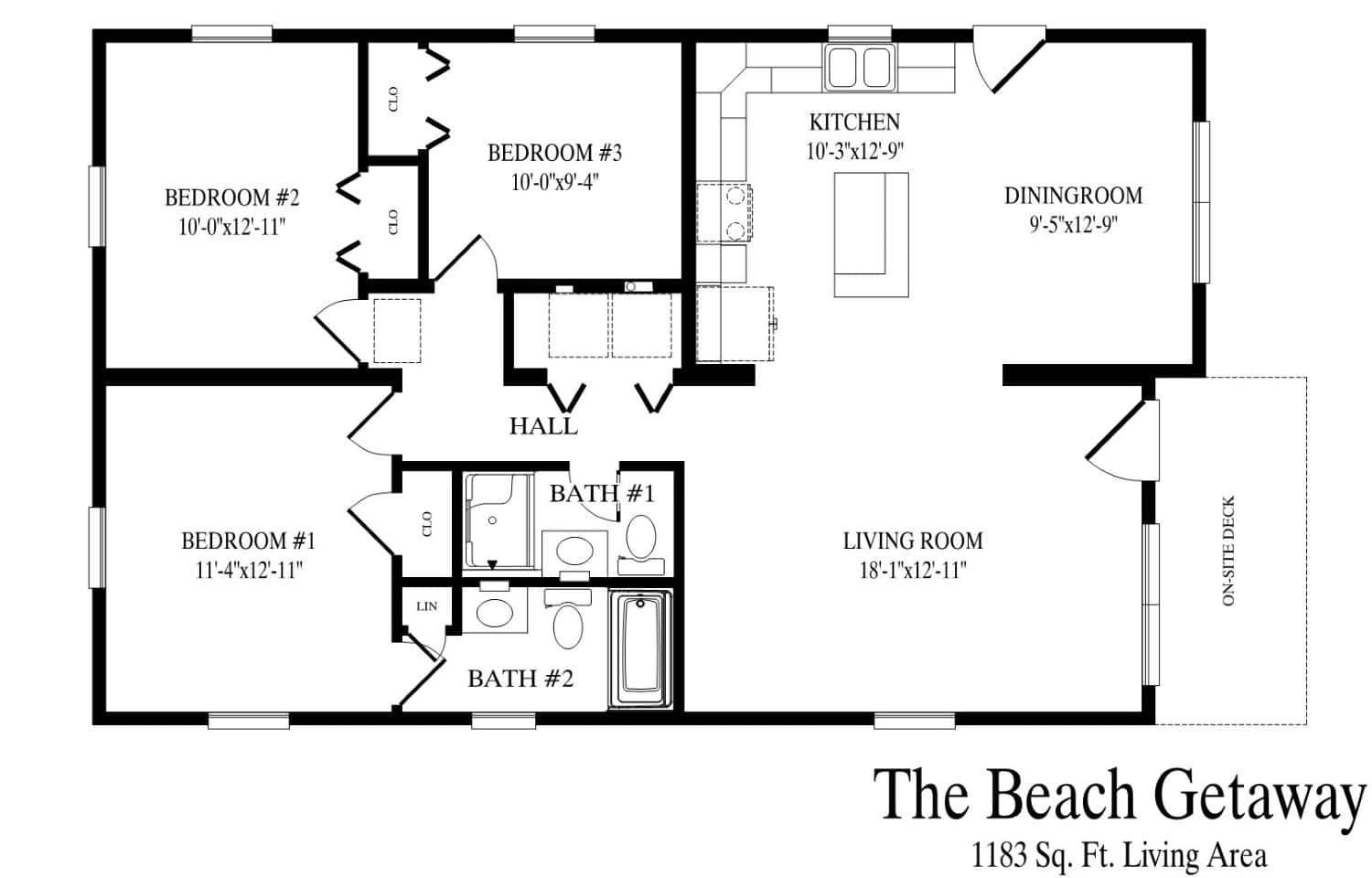 A black and white floor plan of a house called the beach getaway.