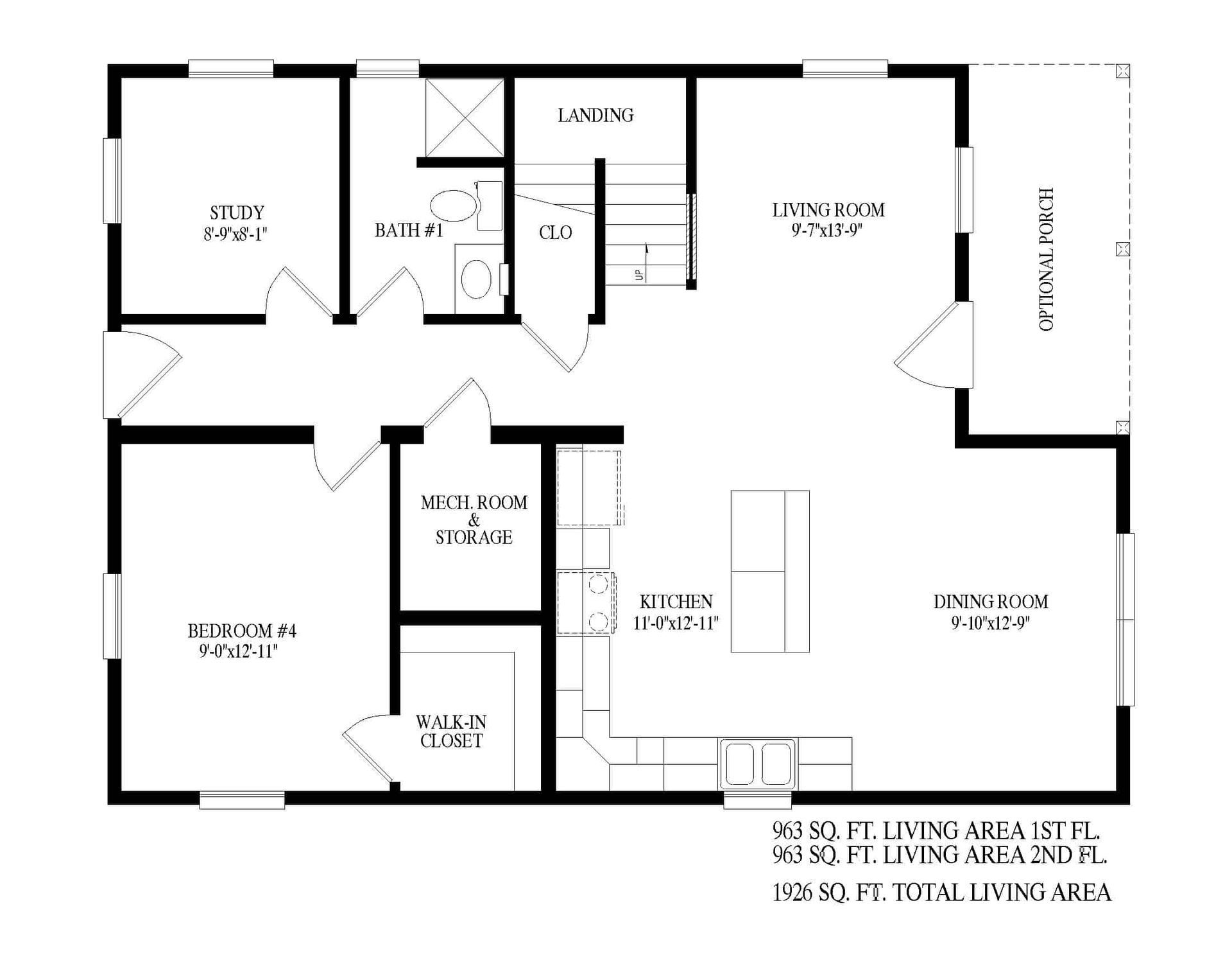 Black-and-white floor plan of a home with labeled rooms and living/dining area.