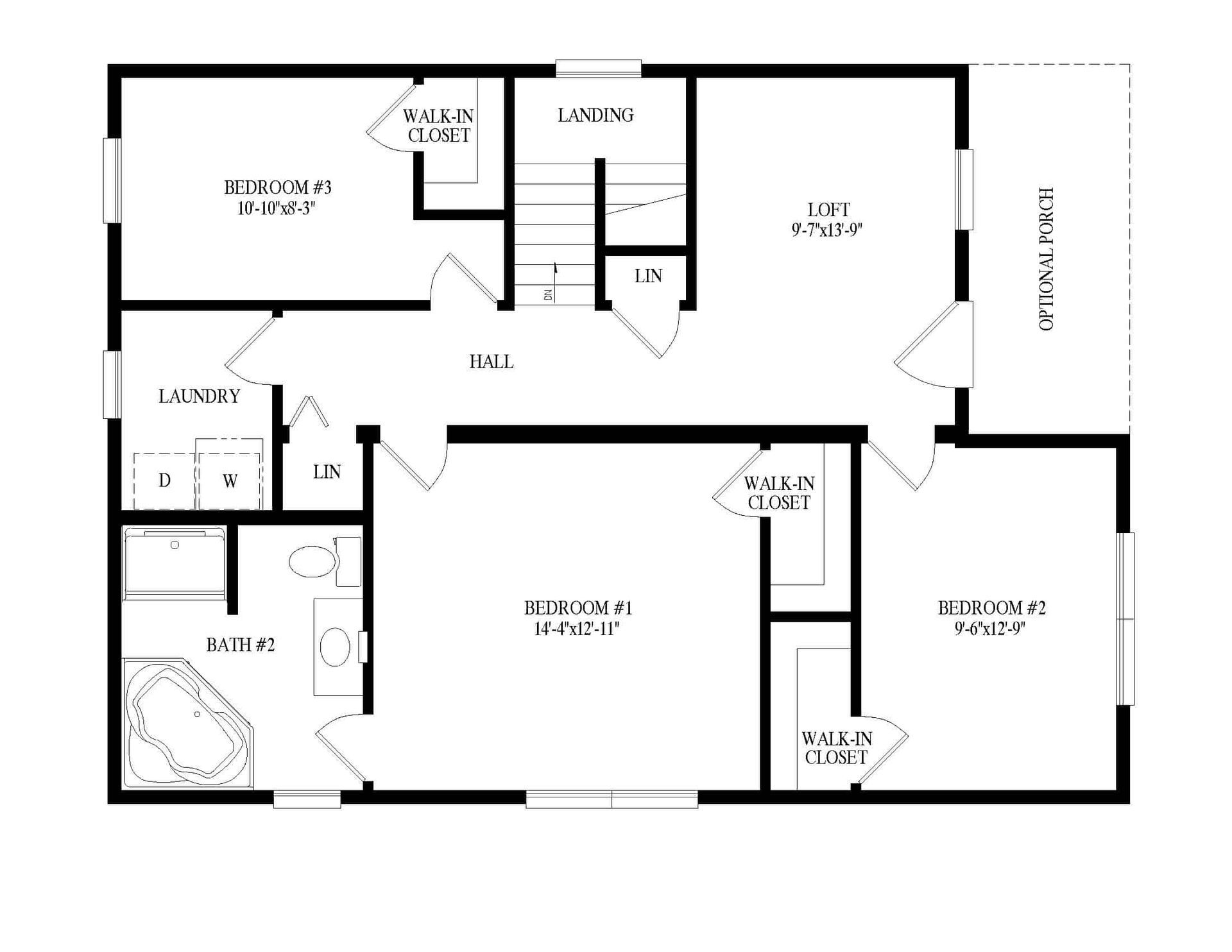 Black-and-white house floor plan with labeled rooms, including bedrooms, baths, kitchen, dining, and living areas