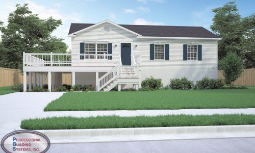 White single-story house with front porch, blue shutters, and a large driveway under a clear sky