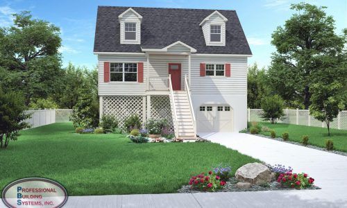 Two-story gray house with white trim, red door, front stairs, garage, and landscaped lawn