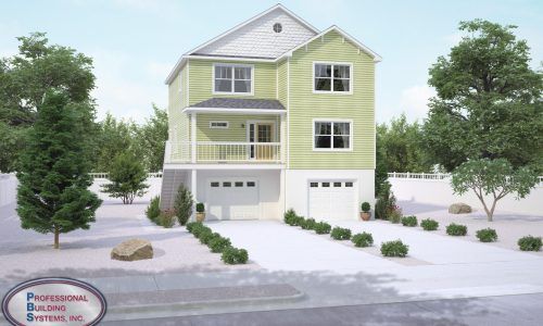 Three-story pale yellow house rendering with garage, porch, and trees in front yard