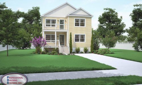 Two-story beige house with white trim, front porch, driveway, and green lawn in a suburban setting