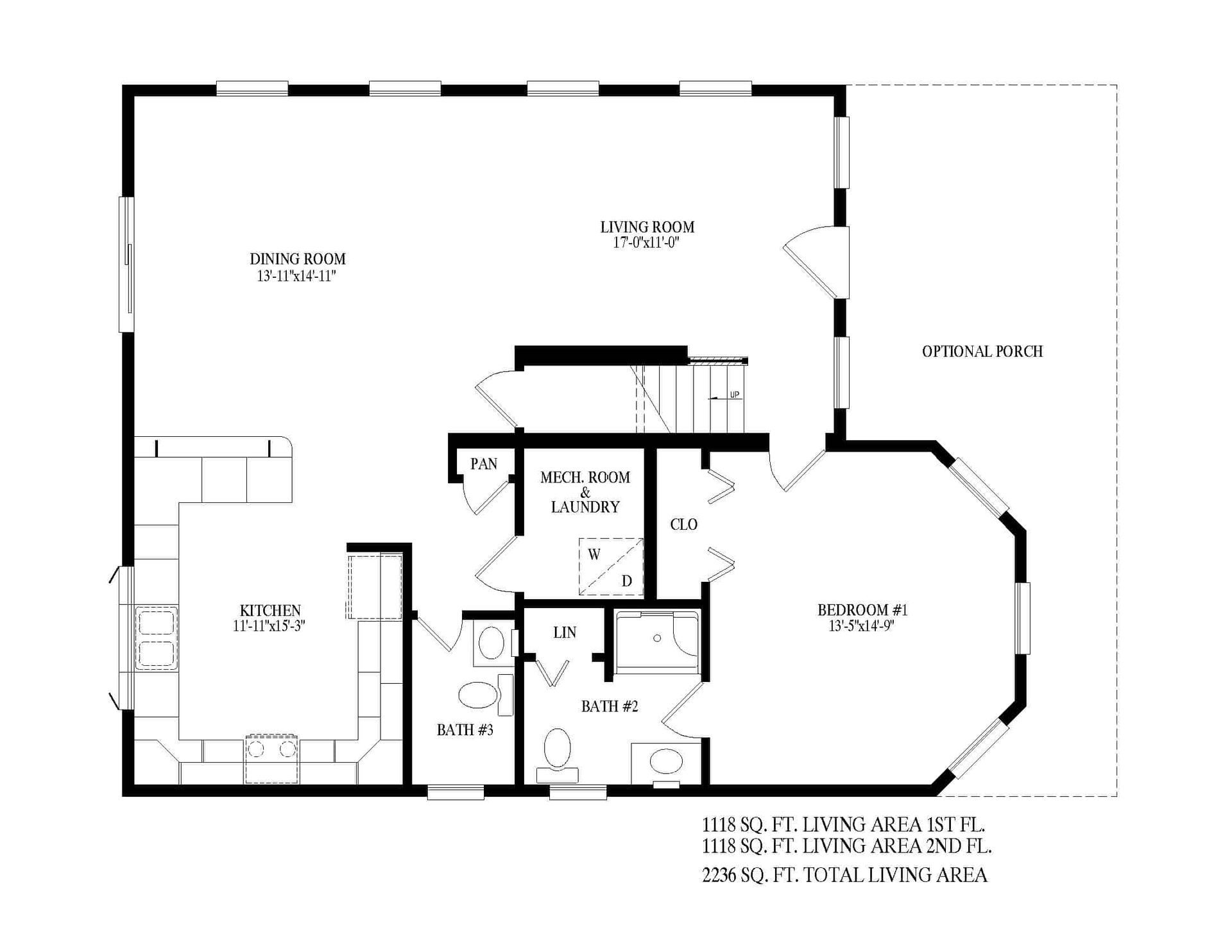 Black-and-white house floor plan showing living, kitchen, bedrooms, baths, and garage.