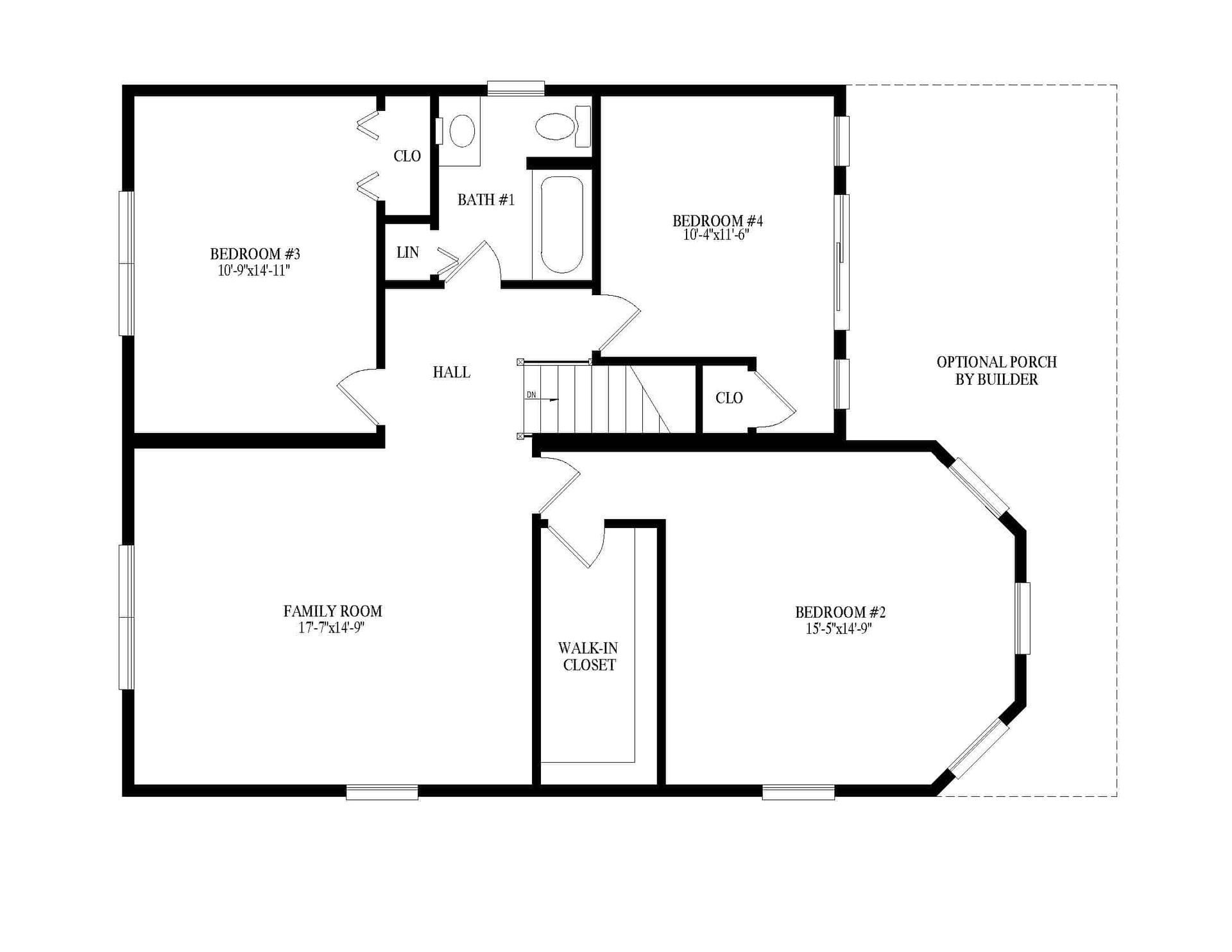 Black-and-white house floor plan showing rooms, hallways, doors, and labeled spaces.