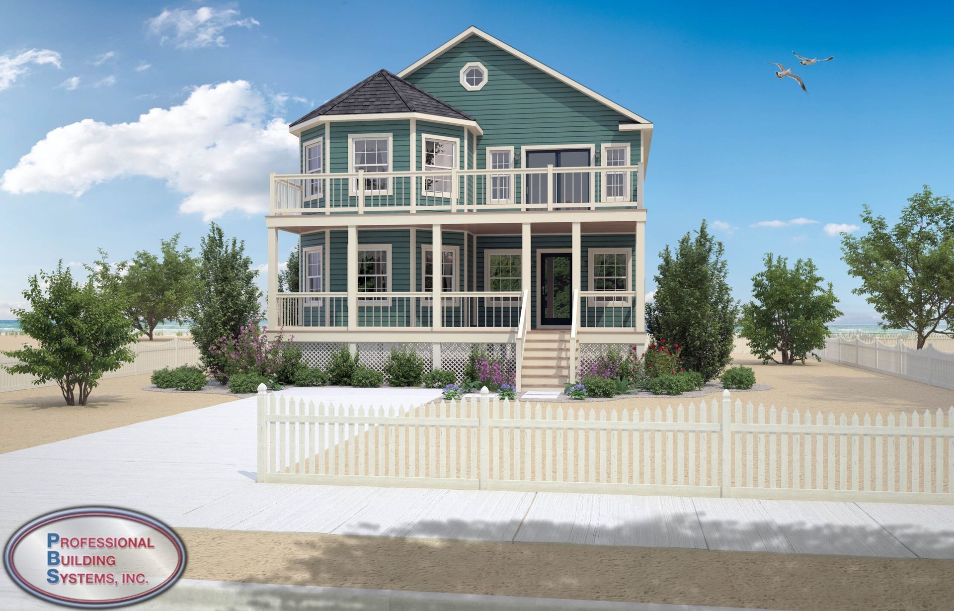 Rendering of a green two-story beach house with white wraparound porches and a fenced yard under a blue sky