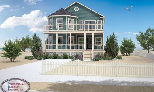 A green and white house with a white picket fence in front of it.