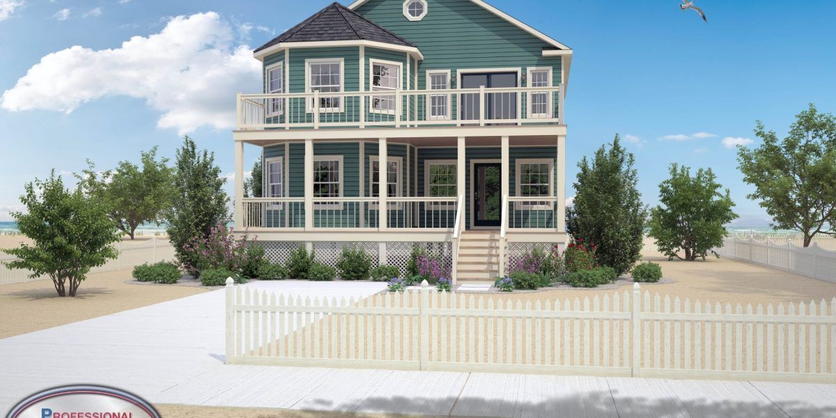 Two-story teal house with white trim and porch, behind a white fence under a blue sky