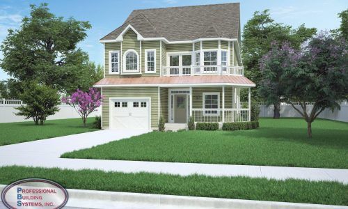 Two-story suburban house with white trim, garage, front porch, and landscaped lawn