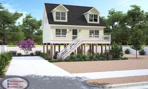 Two-story white house with dark roof, front porch, stairs, and landscaped yard with purple flowers.