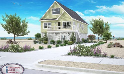 Small pale yellow house with gray roof in a landscaped coastal neighborhood under a blue sky