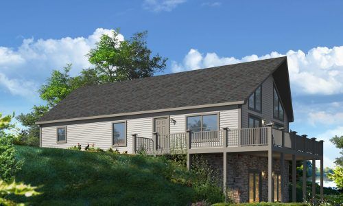 Modern house with dark roof, light siding, and a covered deck on a grassy hillside under blue sky.